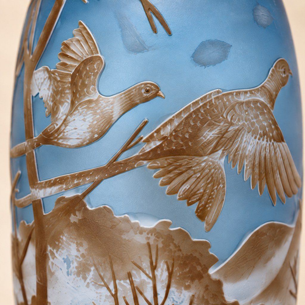 Vase camée en verre multicouche, vol de faisans en hiver, motif principal