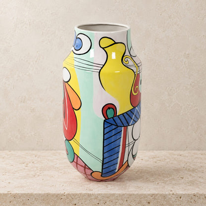 Vase porcelaine émaillée décor cubiste polychrome, détail visage