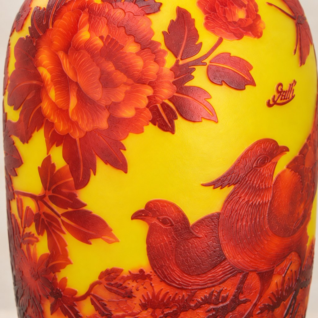 Vase en verre multicouche décor pivoines et perdrix, motif principal