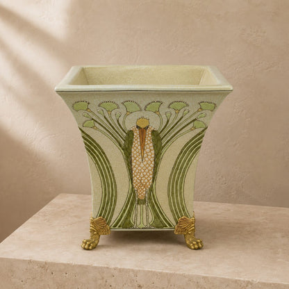 Cache-pot Art Nouveau en porcelaine craquelée aux hérons, vue de face