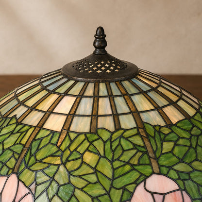 Lampe de style Tiffany aux pivoines roses et pied à cabochons, gros plan armature