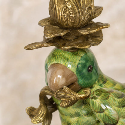 Paire de bougeoirs perroquets en porcelaine et bronze doré, détail tête face