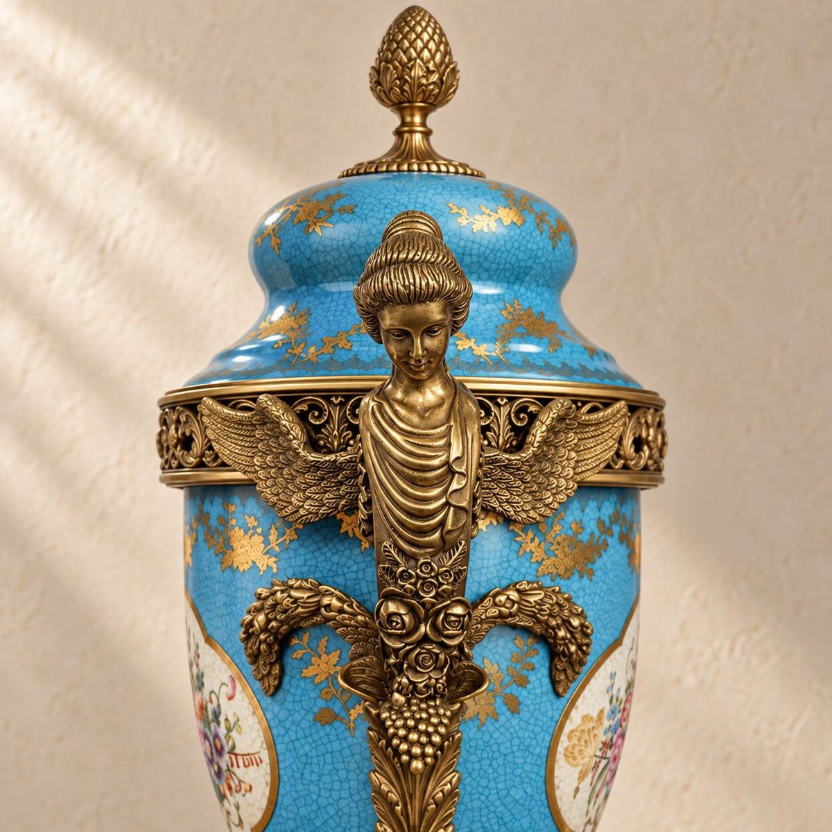 Potiche couverte en porcelaine bleu céleste et bronze doré, détail couvercle buste femme ailes pomme pin