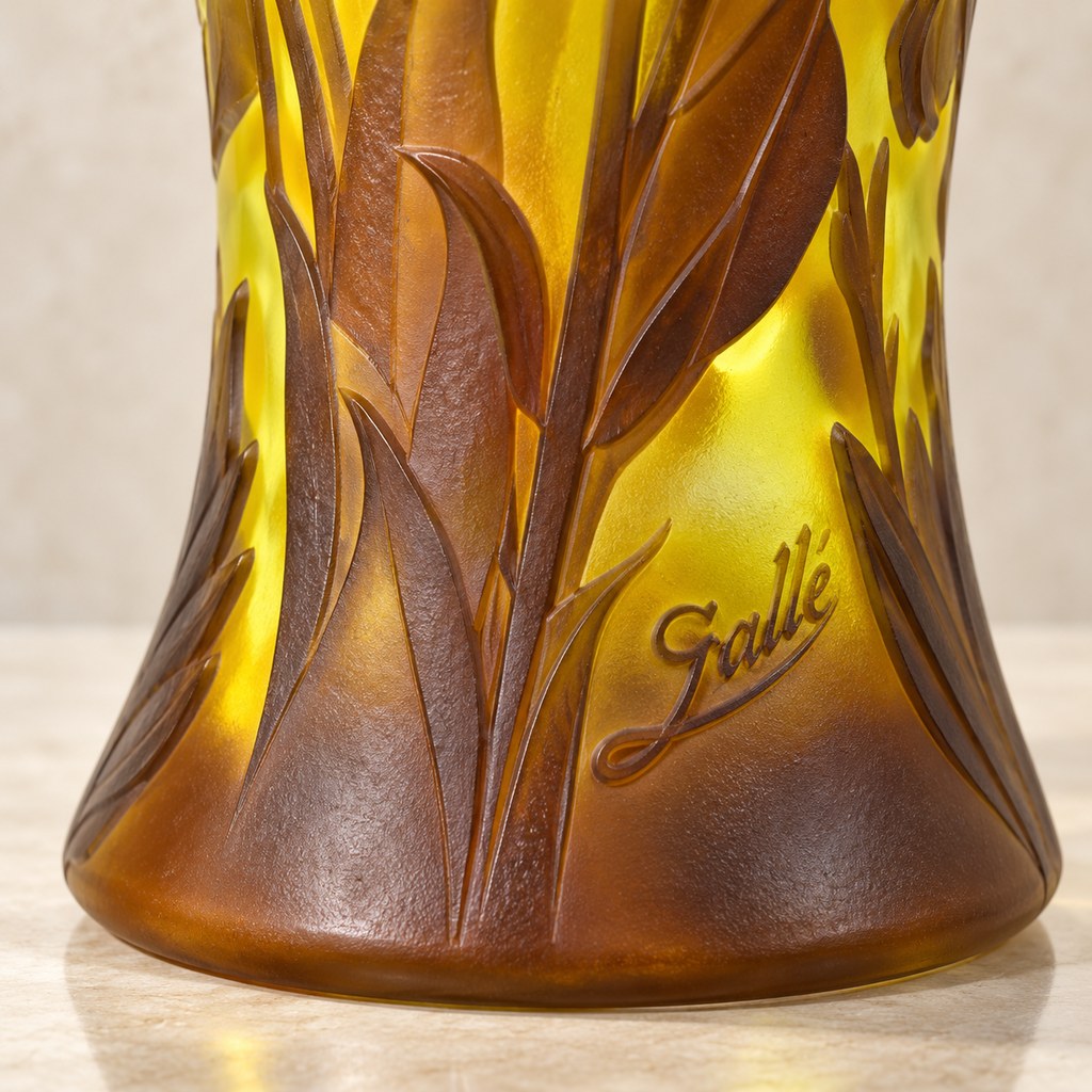 Vase balustre en verre camée à décor de freesias jaunes, détail de l'inscription gravée