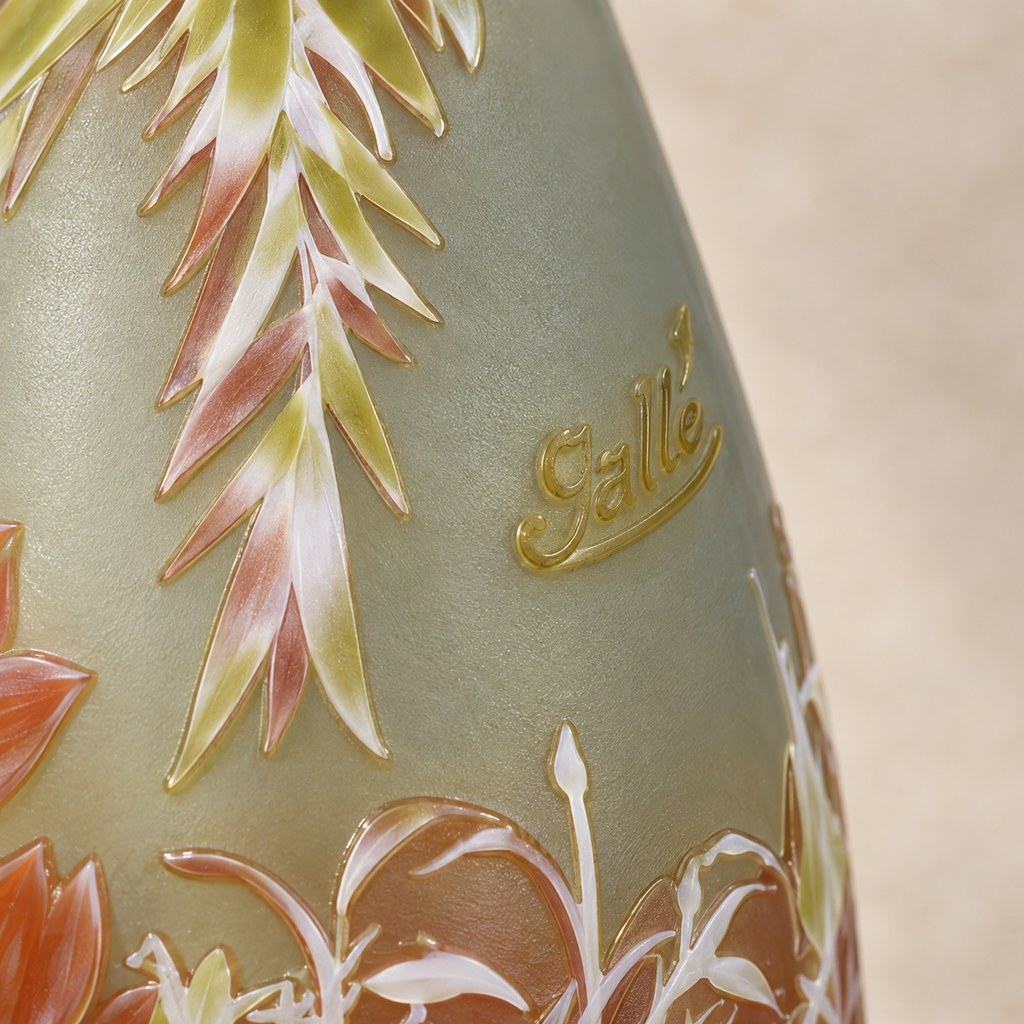 Vase camée en verre multicouche décor nénuphars et lotus, détail de l'inscription gravée