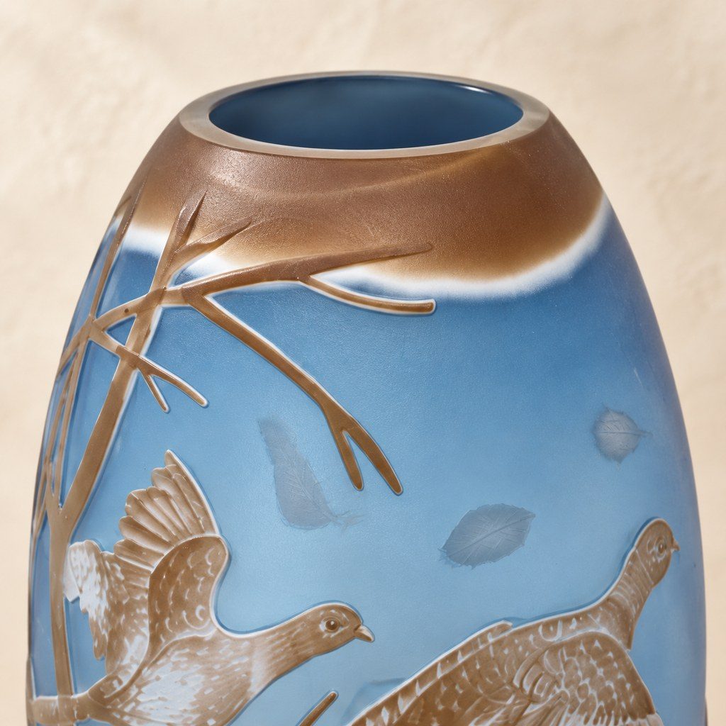 Vase camée en verre multicouche, vol de faisans en hiver, col et ouverture