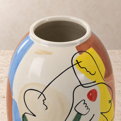 Vase en porcelaine émaillée décor cubiste figure féminine, vue col intérieur