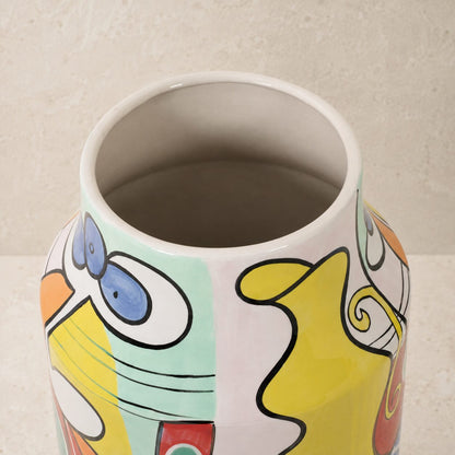 Vase porcelaine émaillée décor cubiste polychrome, vue col intérieur