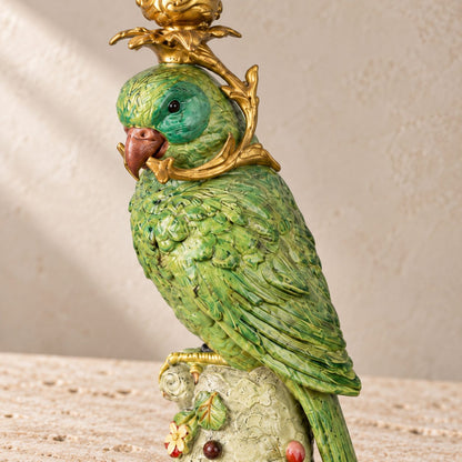 Bougeoir au perroquet vert en bronze polychrome sur socle, détail plumage aile queue