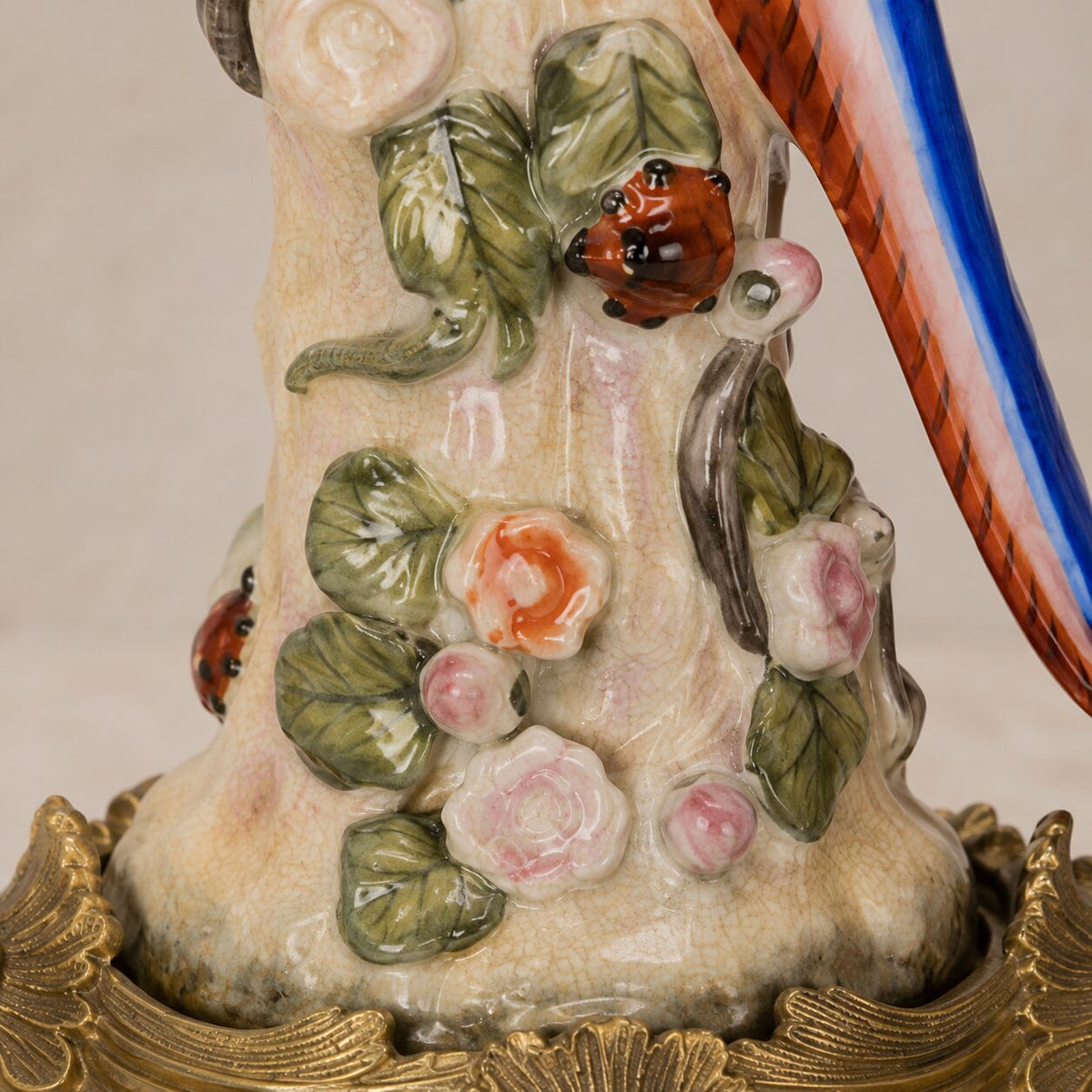 Paire de bougeoirs aux perroquets en porcelaine et bronze doré, détail tronc coccinelle