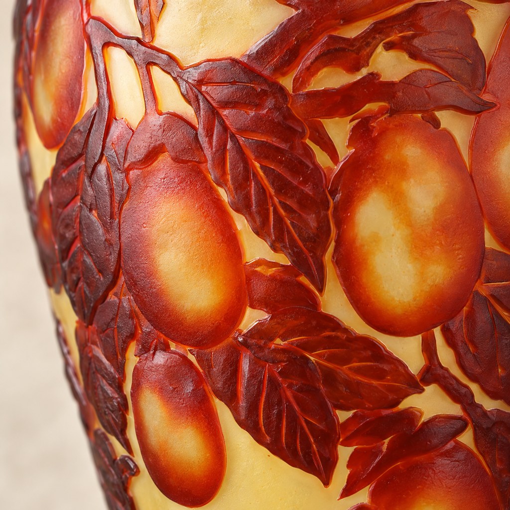 Vase balustre en verre multicouche décor de prunes, relief en pâte de verre