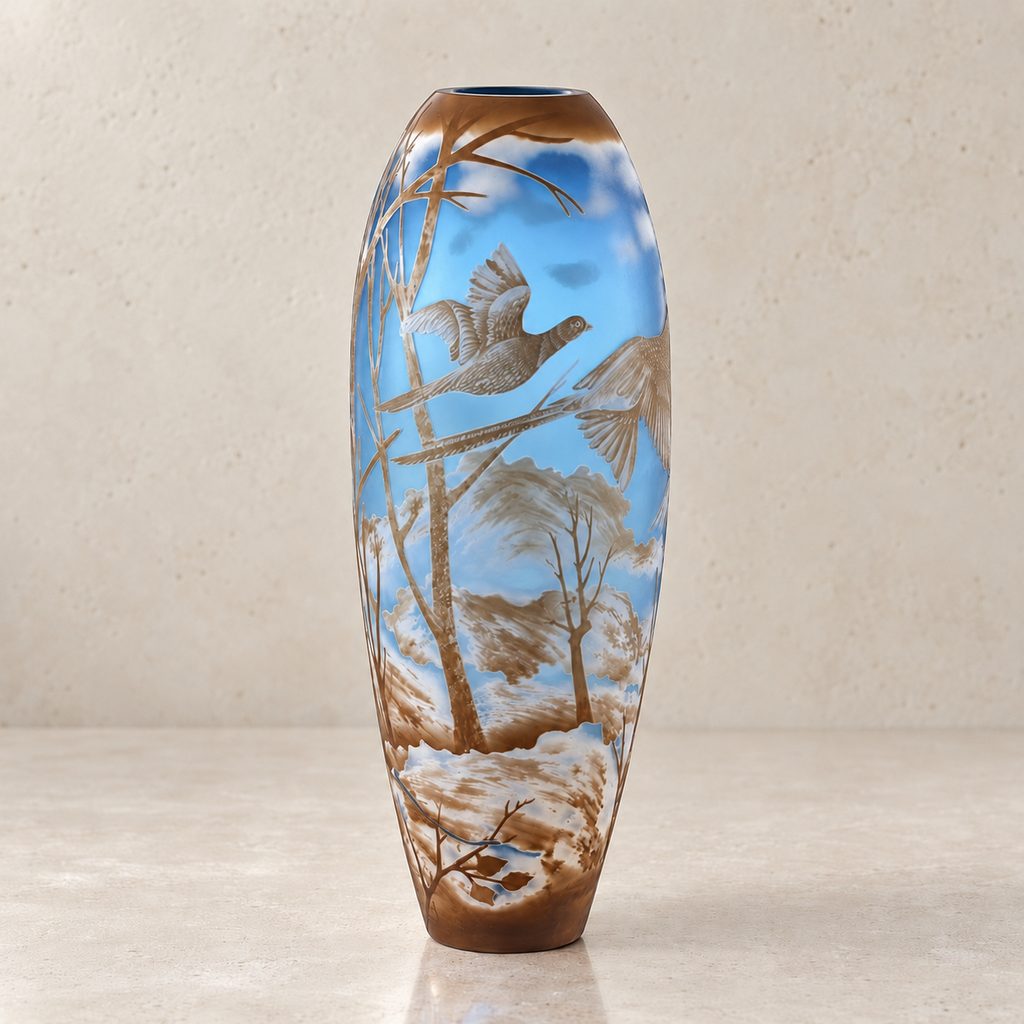Vase camée en verre multicouche à décor de faisans en vol, vue de trois quarts