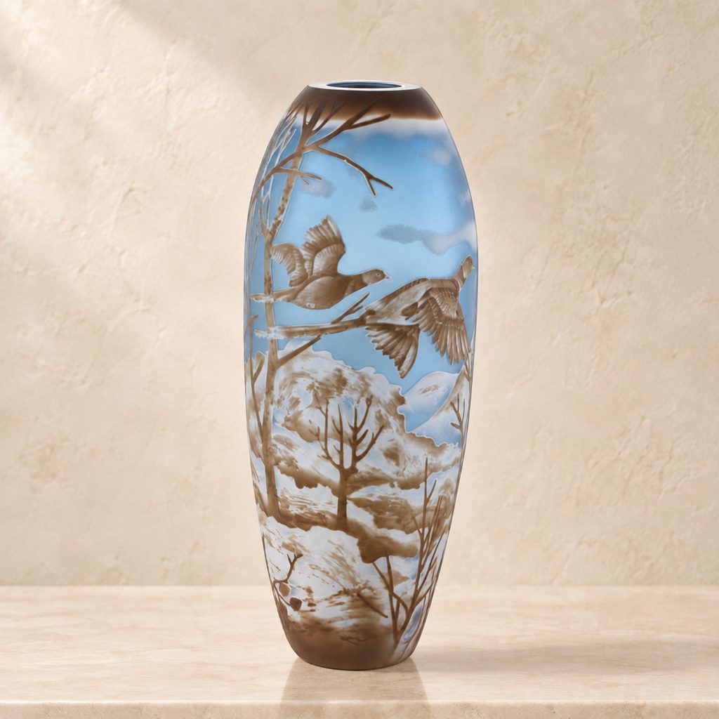 Vase camée en verre multicouche, vol de faisans en hiver, vue de trois quarts