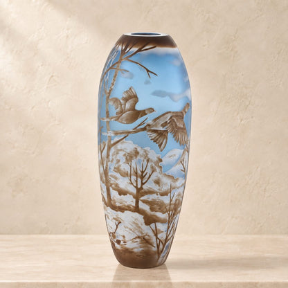 Vase camée en verre multicouche, vol de faisans en hiver, vue de trois quarts