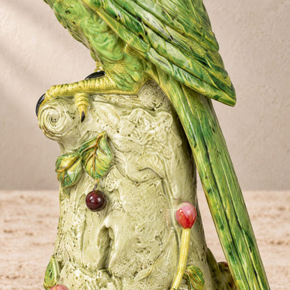 Bougeoir au perroquet vert en bronze polychrome sur socle, détail socle motif doré feuillage