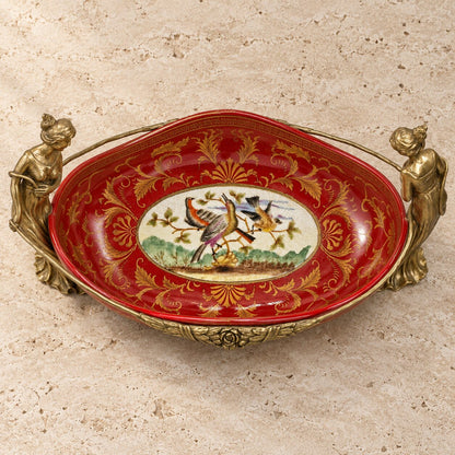 Jardinière en porcelaine rouge et bronze doré aux cariatides, vue de dessus médaillon oiseaux gros plan