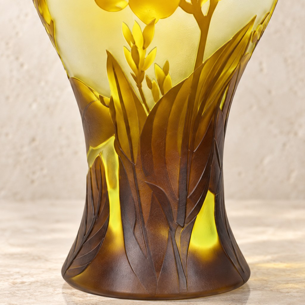 Vase balustre en verre camée à décor de freesias jaunes, détail gravure face visible