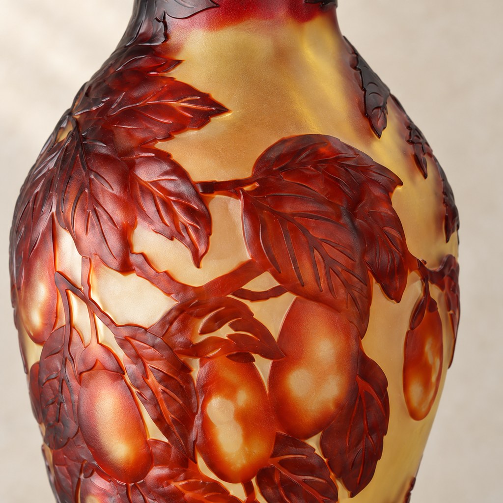 Vase balustre en verre multicouche décor de prunes, détail gravure