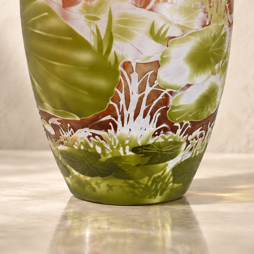 Vase camée en verre multicouche décor nénuphars et lotus, base