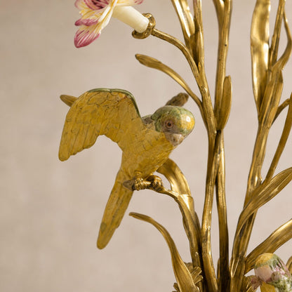 Bougeoir en porcelaine céladon et bronze doré aux oiseaux, détail perroquet rose dos