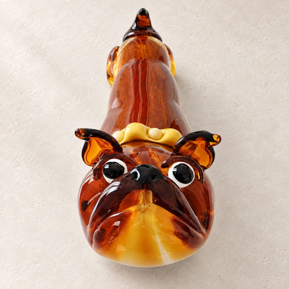 Bouledogue anglais en verre soufflé ambré, vue de dessus, tête