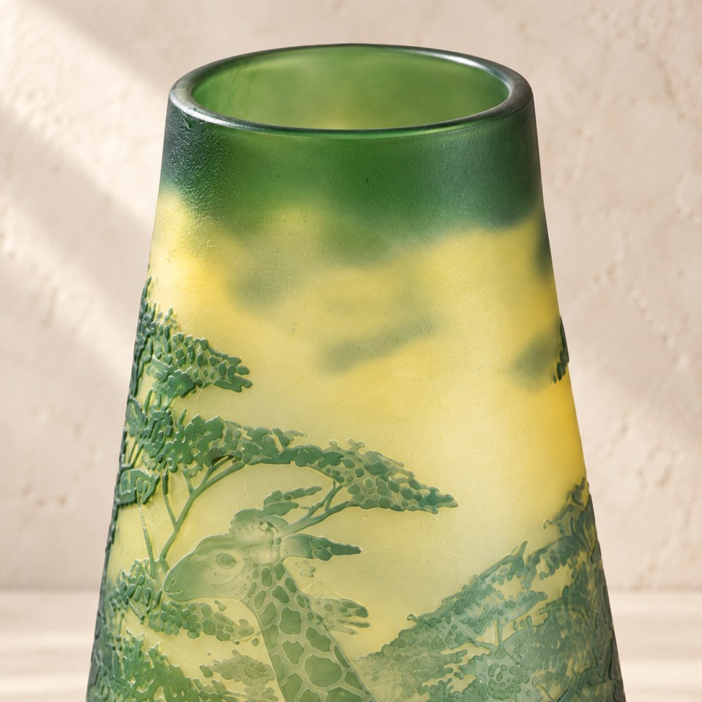 Vase camée en verre multicouche décor girafes et savane, col et ouverture