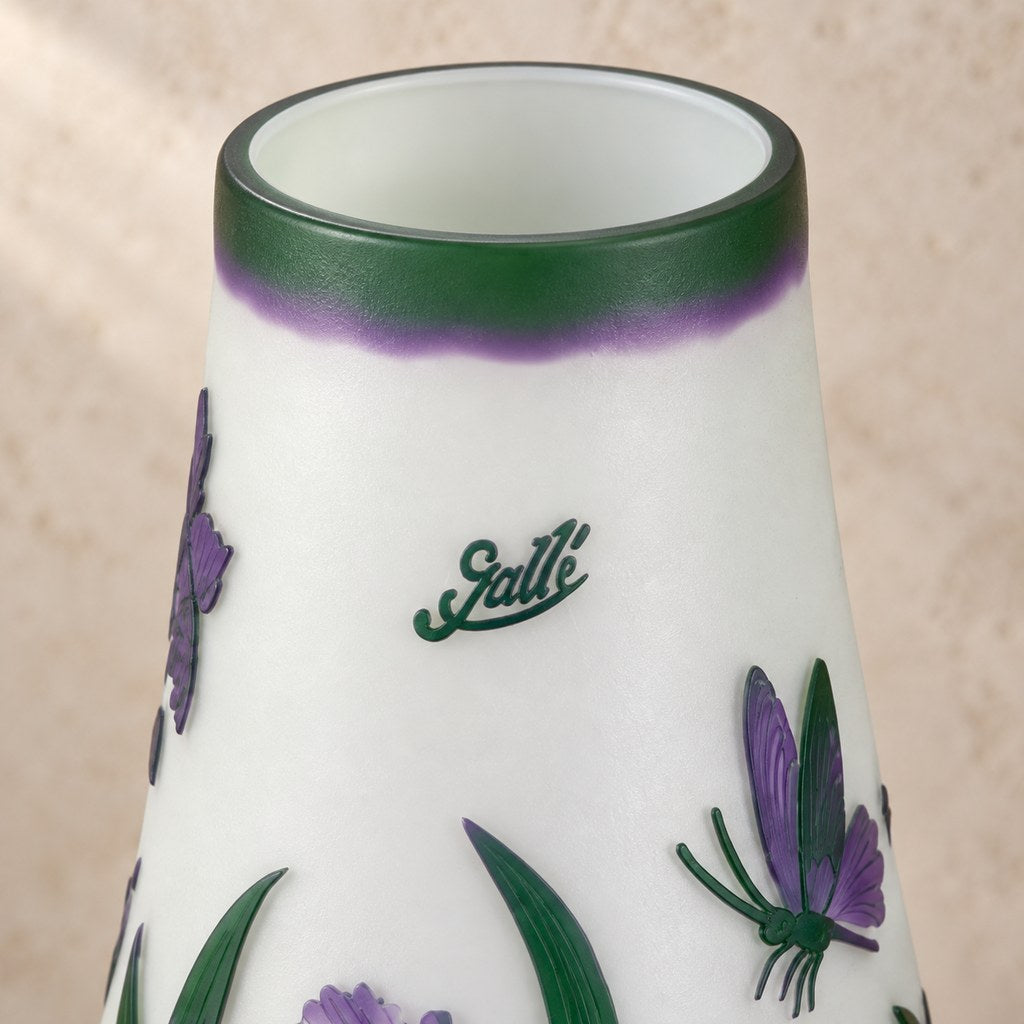 Vase camée en verre multicouche décor iris et libellule, col et ouverture