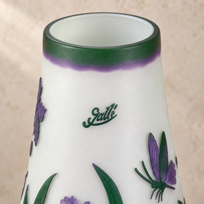Vase camée en verre multicouche décor iris et libellule, col et ouverture