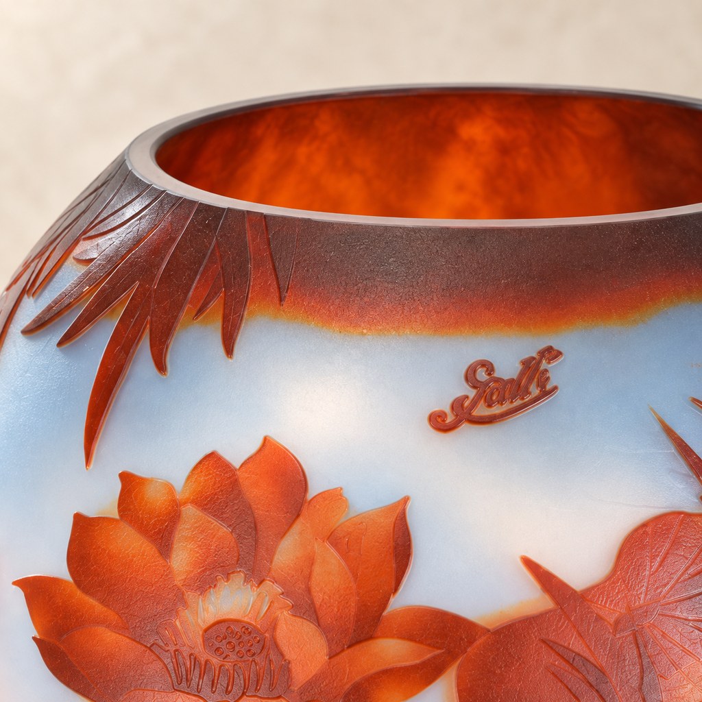 Vase camée en verre multicouche à décor de nénuphars, détail col et ouverture