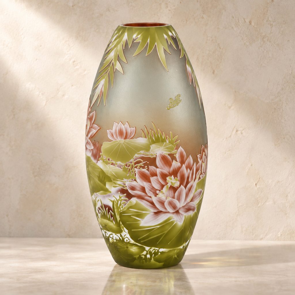 Vase camée en verre multicouche décor nénuphars et lotus, face secondaire