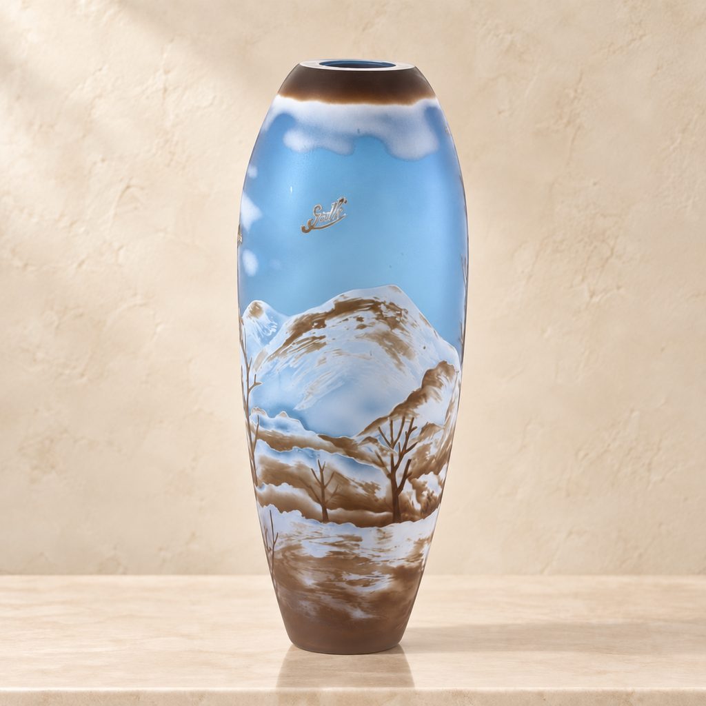Vase camée en verre multicouche, vol de faisans en hiver, face montagne enneigée