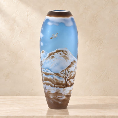 Vase camée en verre multicouche, vol de faisans en hiver, face montagne enneigée