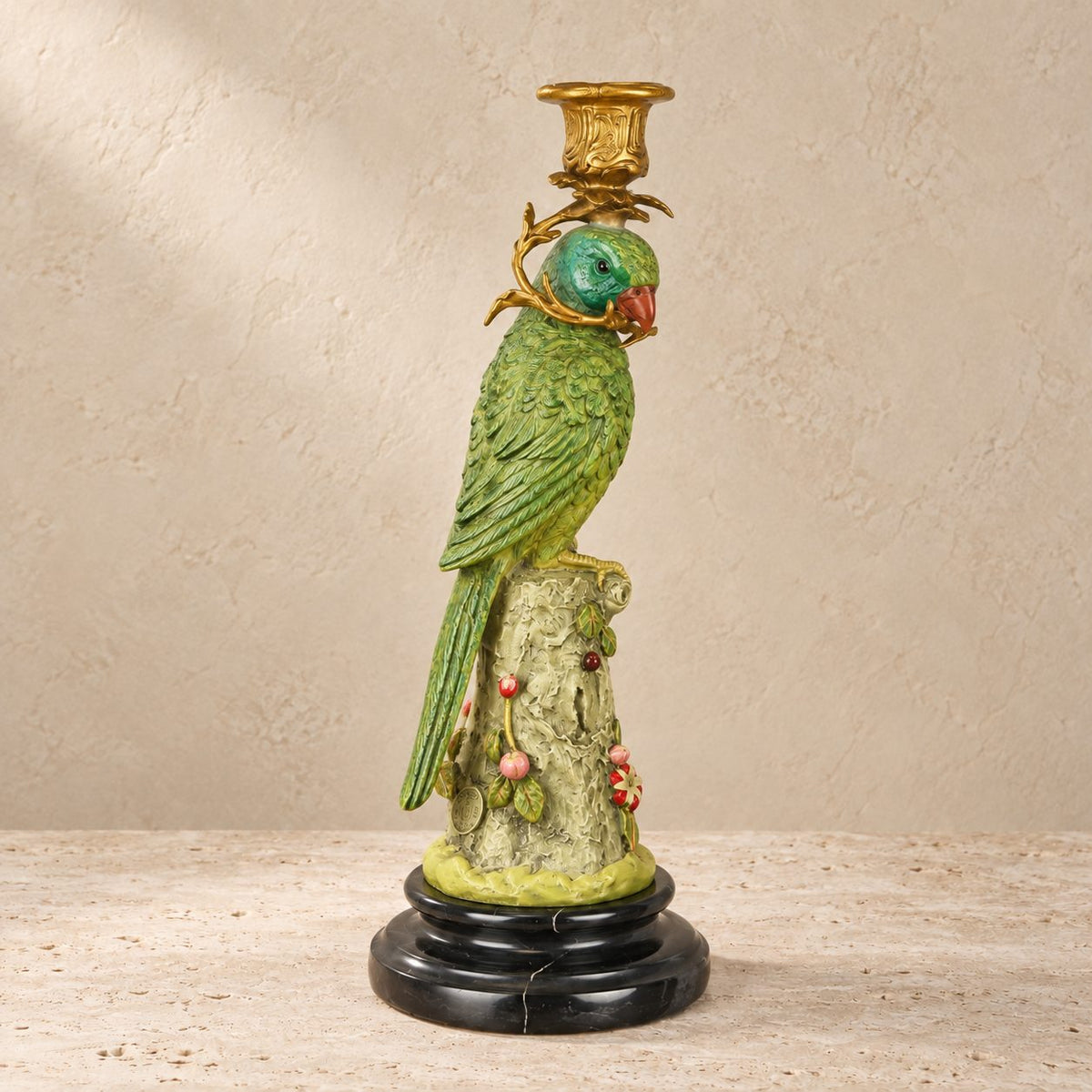 Bougeoir perroquet en bronze polychrome sur socle marbre, vue de face