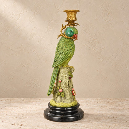 Bougeoir perroquet en bronze polychrome sur socle marbre, vue de face