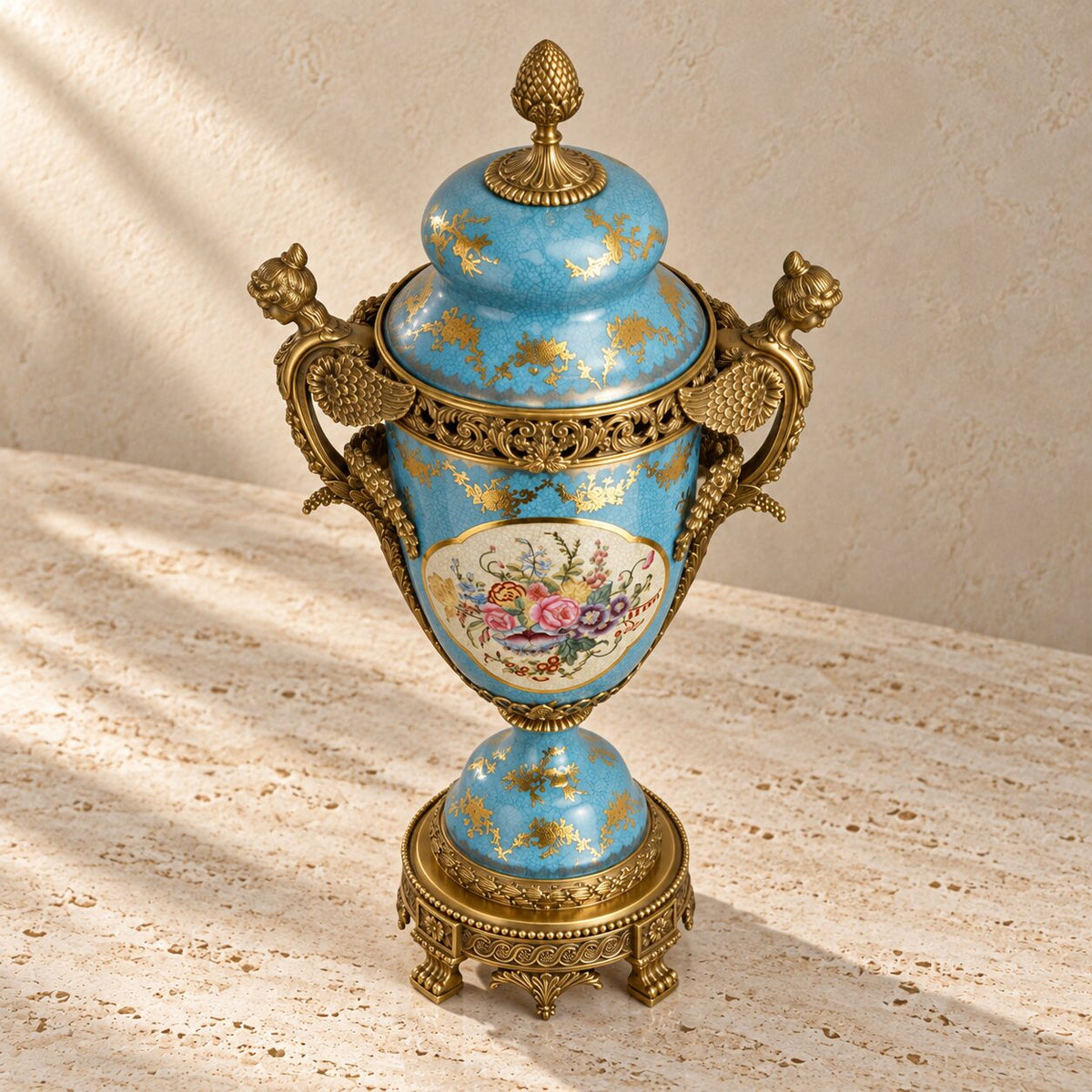 Potiche couverte en porcelaine bleu céleste et bronze doré, vue couvercle detache pose