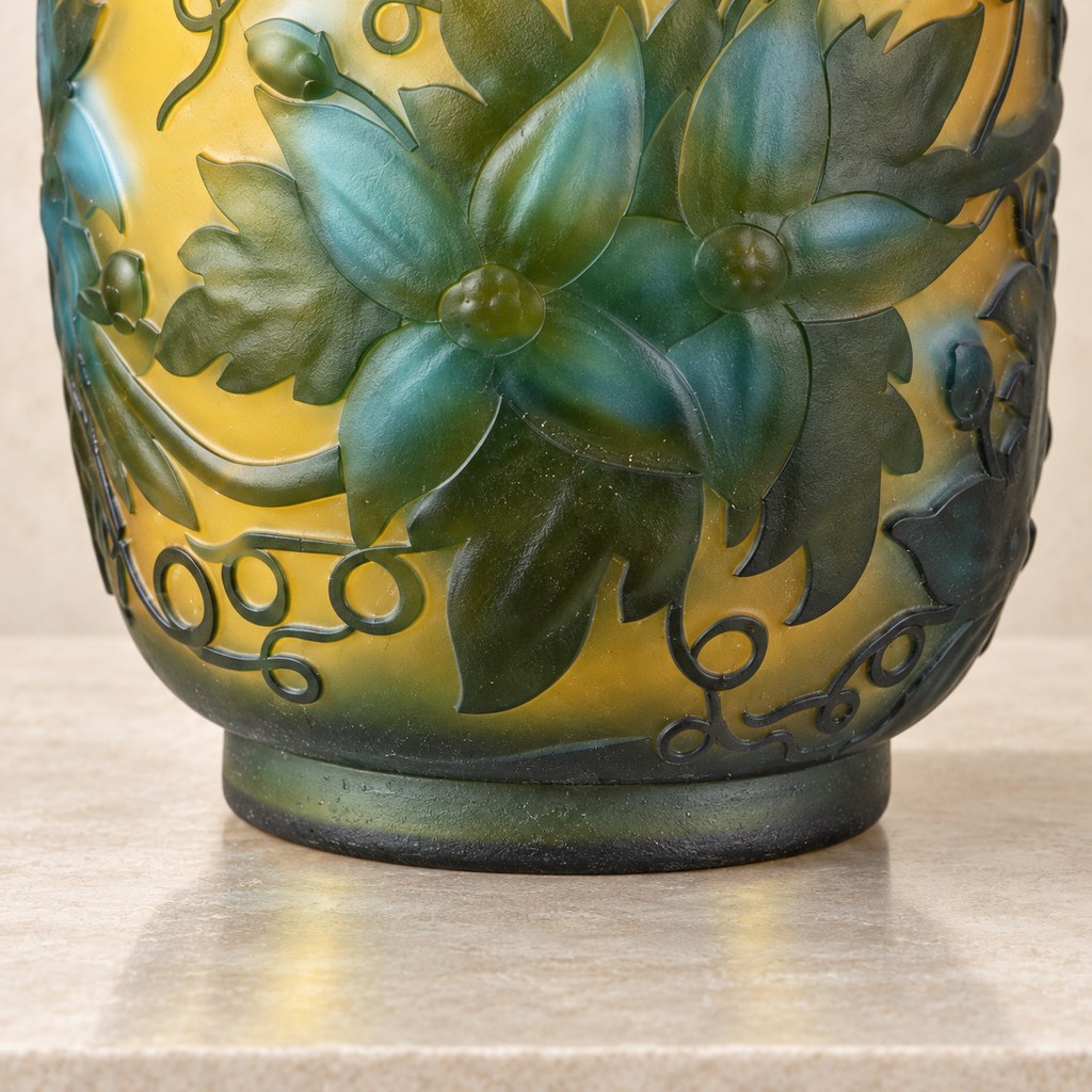 Vase camée Art Nouveau à décor de clématites vertes et bleues, base
