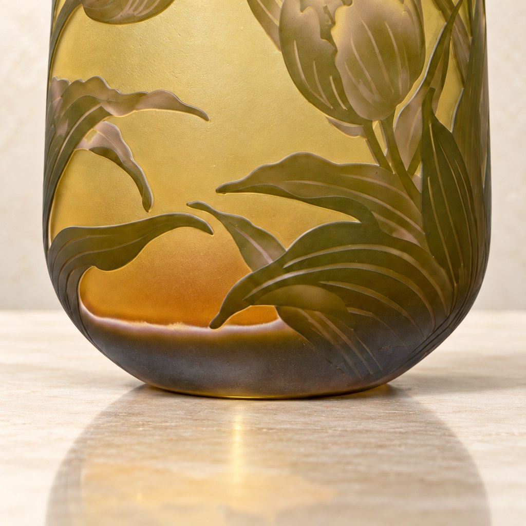 Vase camée en pâte de verre décor tulipes et papillon, base
