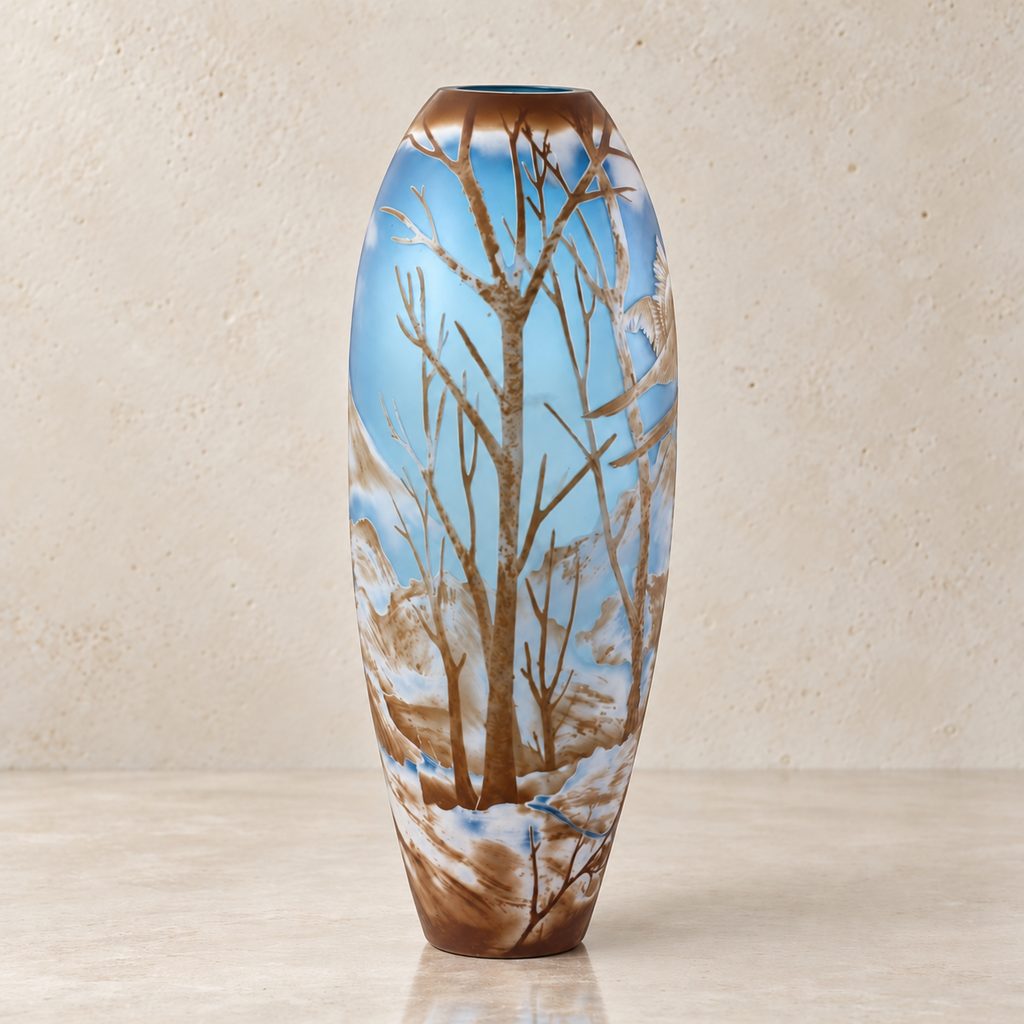 Vase camée en verre multicouche à décor de faisans en vol, face arbres hiver