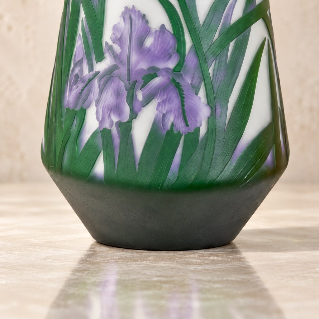 Vase camée en verre multicouche décor iris et libellule, base