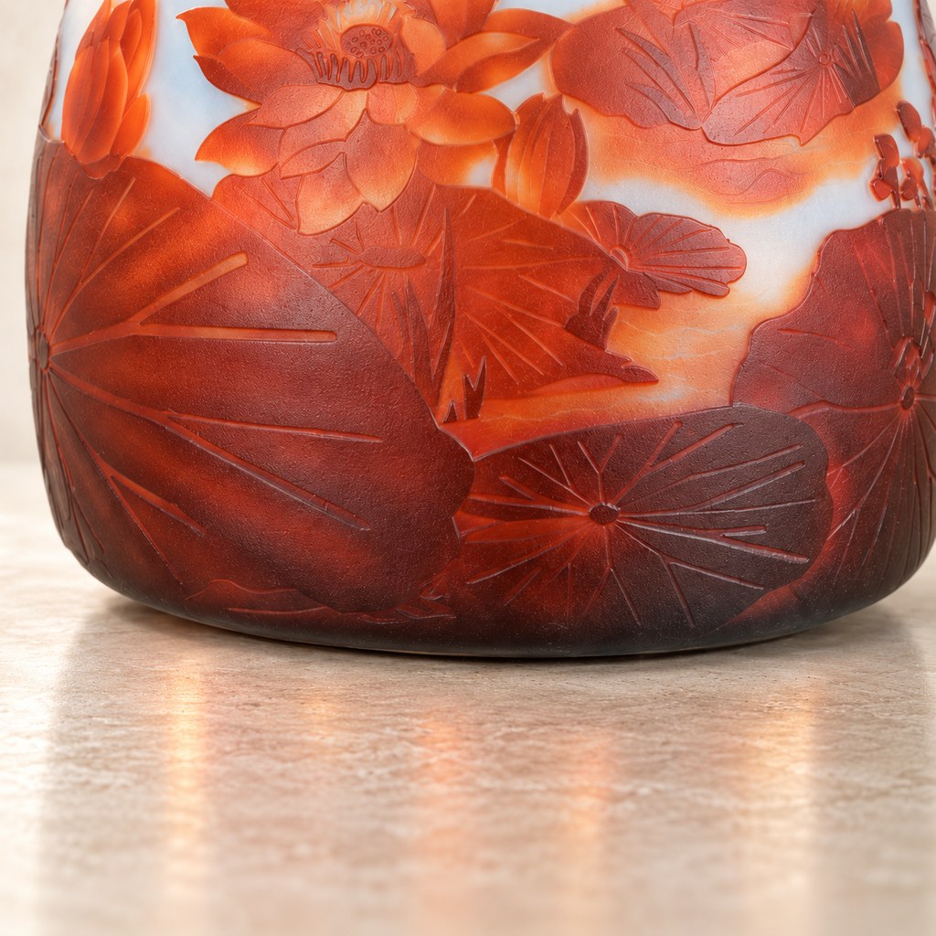 Vase camée en verre multicouche à décor de nénuphars, détail base
