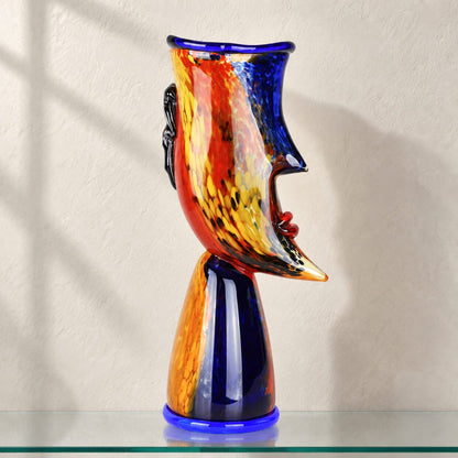 Vase sculpture visage cubiste de face en verre polychrome style Murano, vue de profil dos