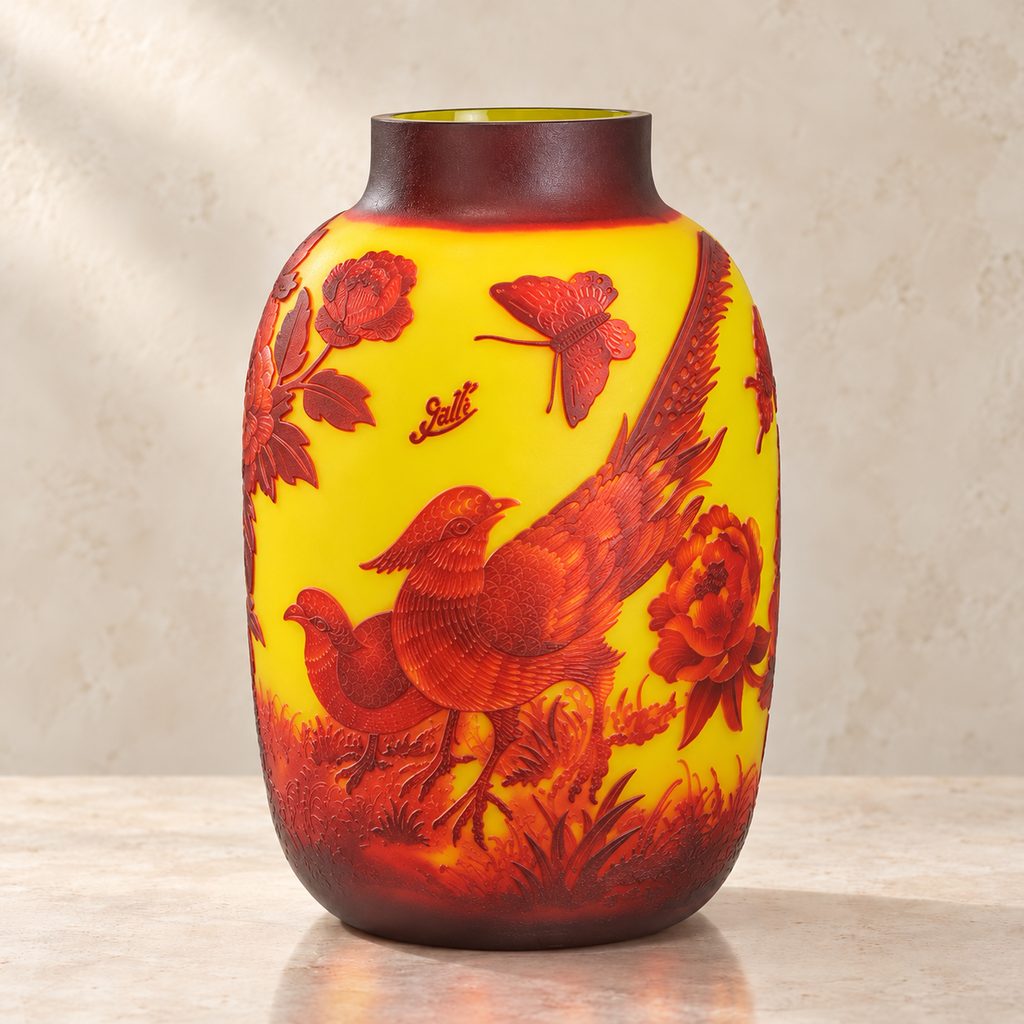 Vase en verre multicouche décor pivoines et perdrix, face perdrix et inscription gravée