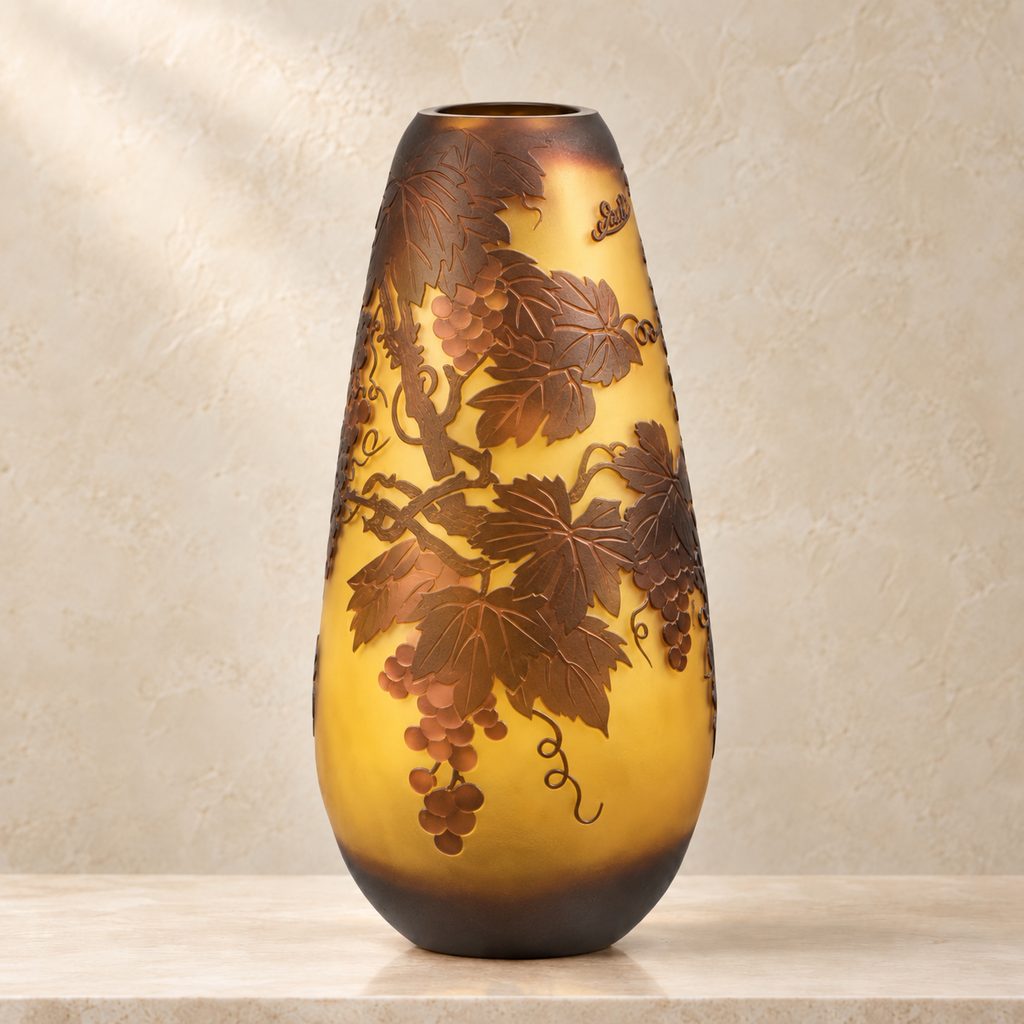Vase en verre multicouche à décor de vigne et raisins, face vigne raisins