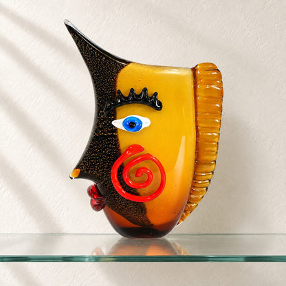 Vase visage abstrait en verre style Murano orange et noir, vue de dos profil