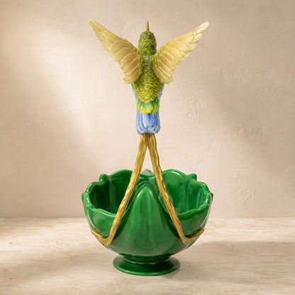 Coupe en porcelaine verte au colibri en bronze doré, vue arrière ailes