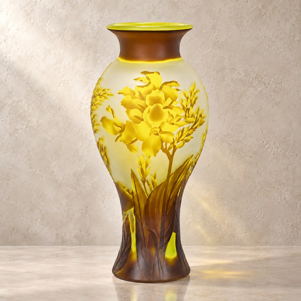 Vase balustre en verre camée à décor de freesias jaunes, vue complémentaire produit