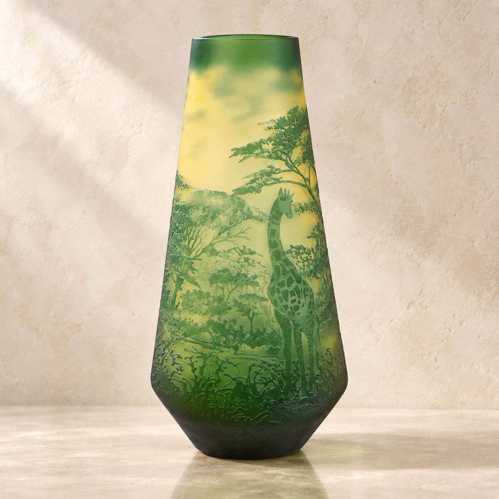 Vase camée en verre multicouche décor girafes et savane, face girafe savane