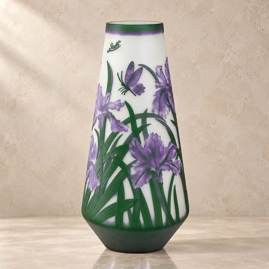 Vase camée en verre multicouche décor iris et libellule, face iris et inscription gravée