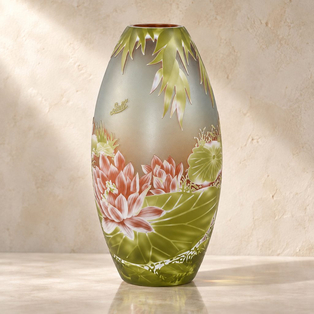 Vase camée en verre multicouche décor nénuphars et lotus, face nénuphars