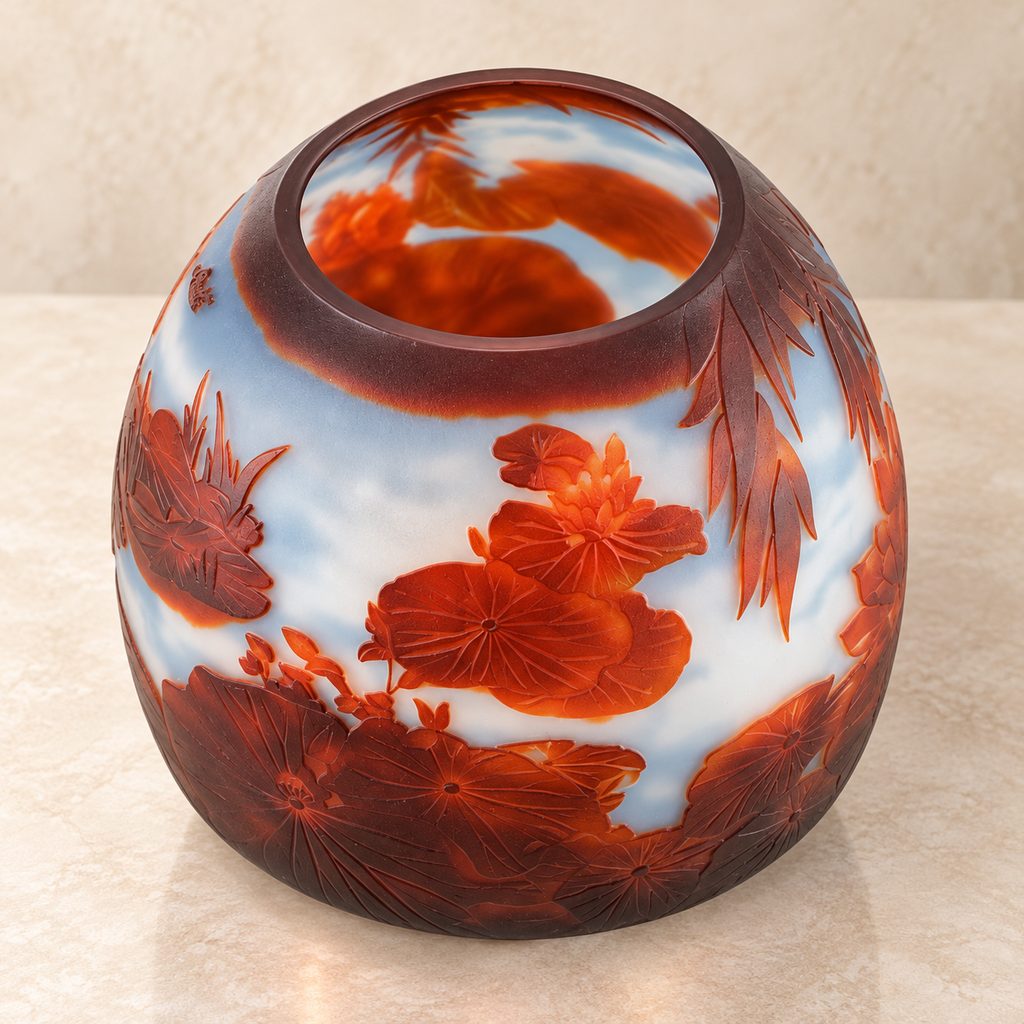 Vase camée en verre multicouche à décor de nénuphars, vue plongeante sur l'ouverture